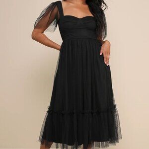 DRESS w/ POCKETS!! Black Tulle Bustier Swiss Dot Midi Dress -Elegant & Romantic